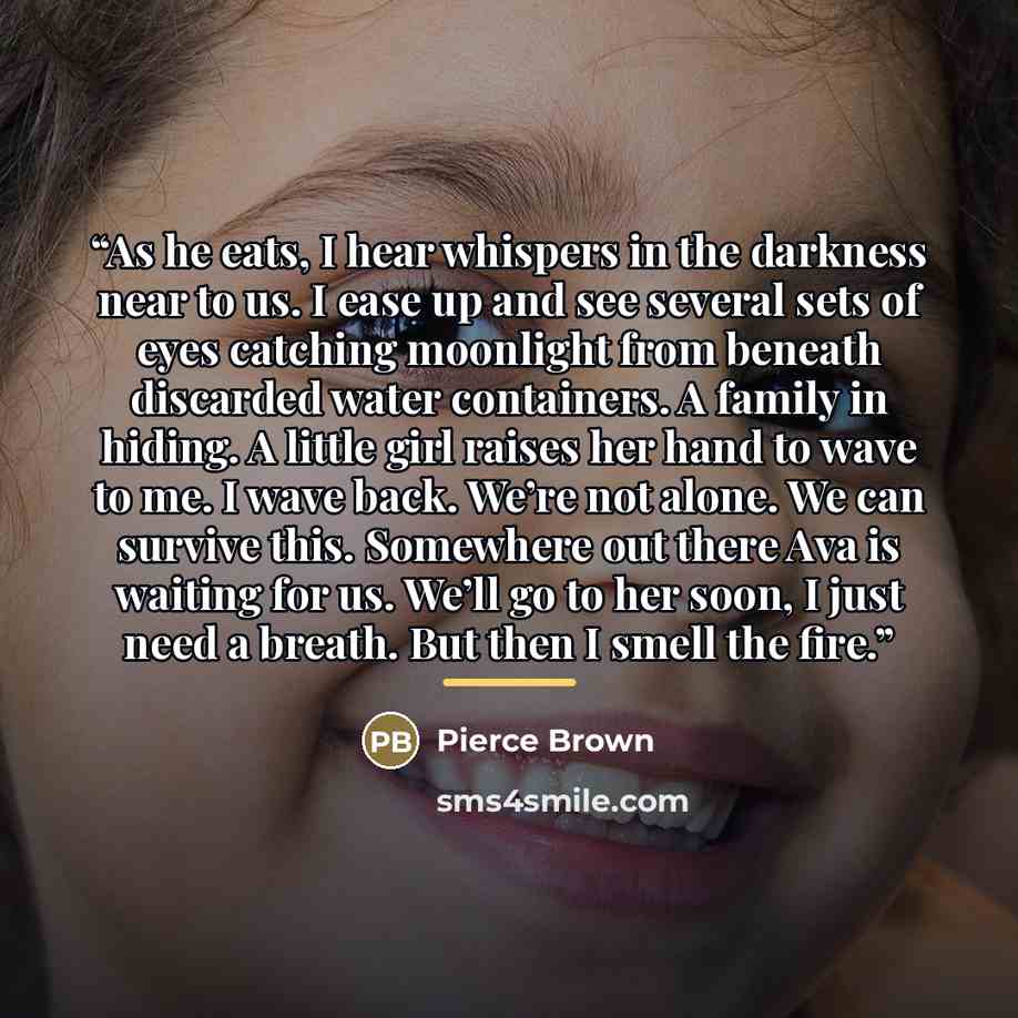 “As he eats, I hear whispers in the darkness near to us. I ease up and see several sets of eyes catching moonlight from beneath discarded water containers. A family in hiding. A little girl raises her hand to wave to me. I wave back. We’re not alone. We can survive this. Somewhere out there Ava is…” quote by Pierce Brown