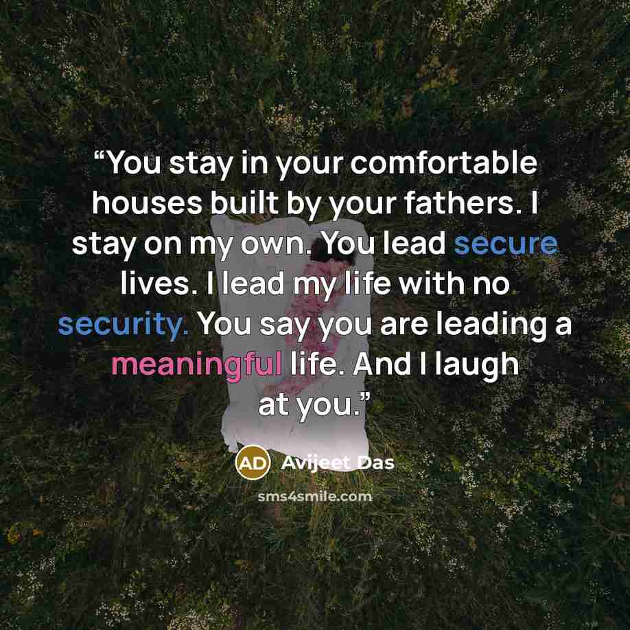 “You stay in your comfortable houses built by your fathers. I stay on my own. You lead secure lives. I lead my life with no security. You say you are leading a meaningful life. And I laugh at you.” quote by Avijeet Das