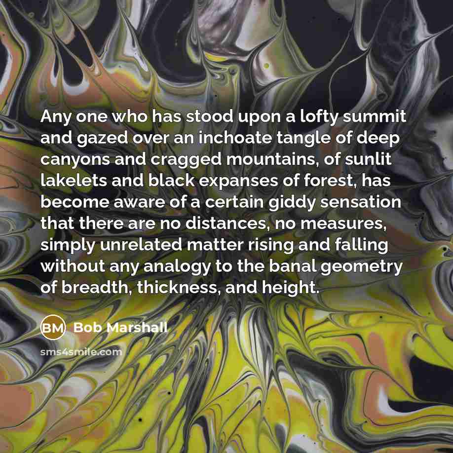 “Any one who has stood upon a lofty summit and gazed over an inchoate tangle of deep canyons and cragged mountains, of sunlit lakelets and black expanses of forest, has become aware of a certain giddy sensation that there are no distances, no measures, simply unrelated matter rising and falling…” quote by Bob Marshall