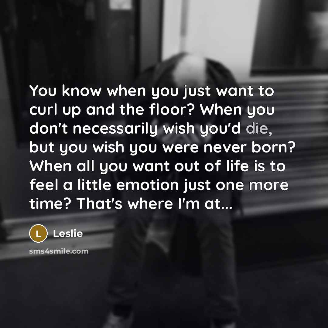 “You know when you just want to curl up and the floor? When you don't necessarily wish you'd die, but you wish you were never born? When all you want out of life is to feel a little emotion just one more time? That's where I'm at...” quote by Leslie