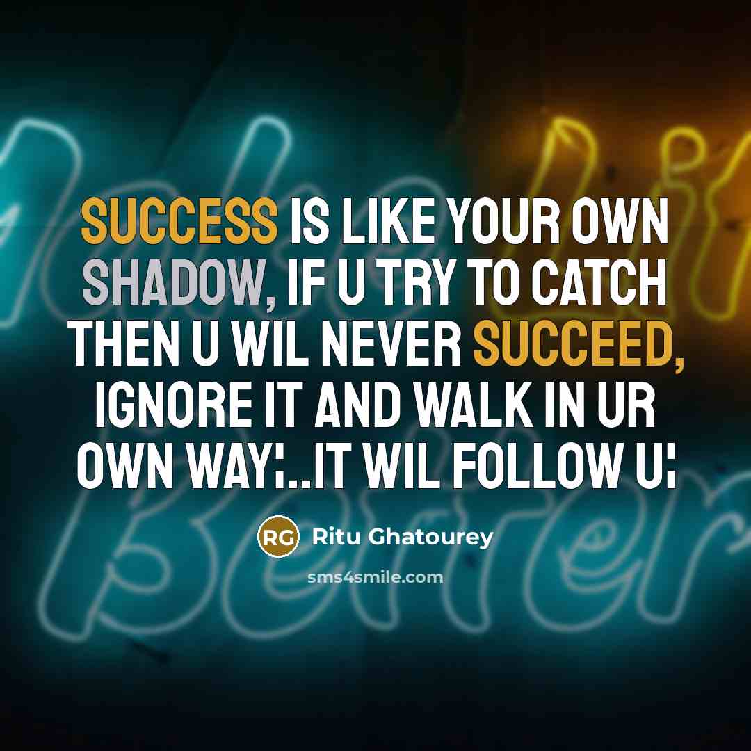 “Success is like your own shadow, if u try to catch then u wil never succeed, ignore it and walk in ur own way¦..it wil follow u¦” quote by Ritu Ghatourey