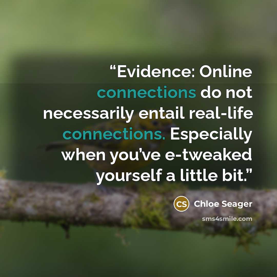 “Evidence: Online connections do not necessarily entail real-life connections. Especially when you’ve e-tweaked yourself a little bit.” quote by Chloe Seager
