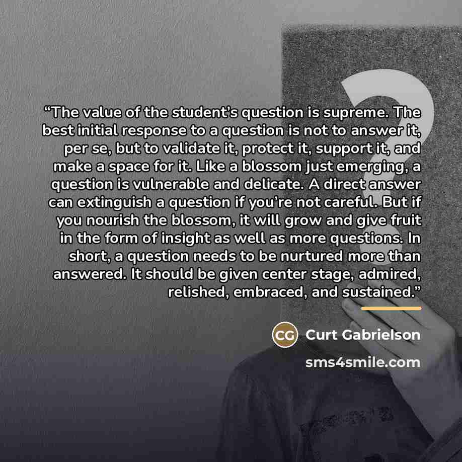 “The value of the student’s question is supreme. The best initial response to a question is not to answer it, per se, but to validate it, protect it, support it, and make a space for it. Like a blossom just emerging, a question is vulnerable and delicate. A direct answer can extinguish a question…” quote by Curt Gabrielson