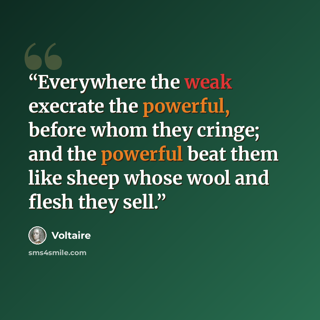 “Everywhere the weak execrate the powerful, before whom they cringe; and the powerful beat them like sheep whose wool and flesh they sell.” quote by Voltaire