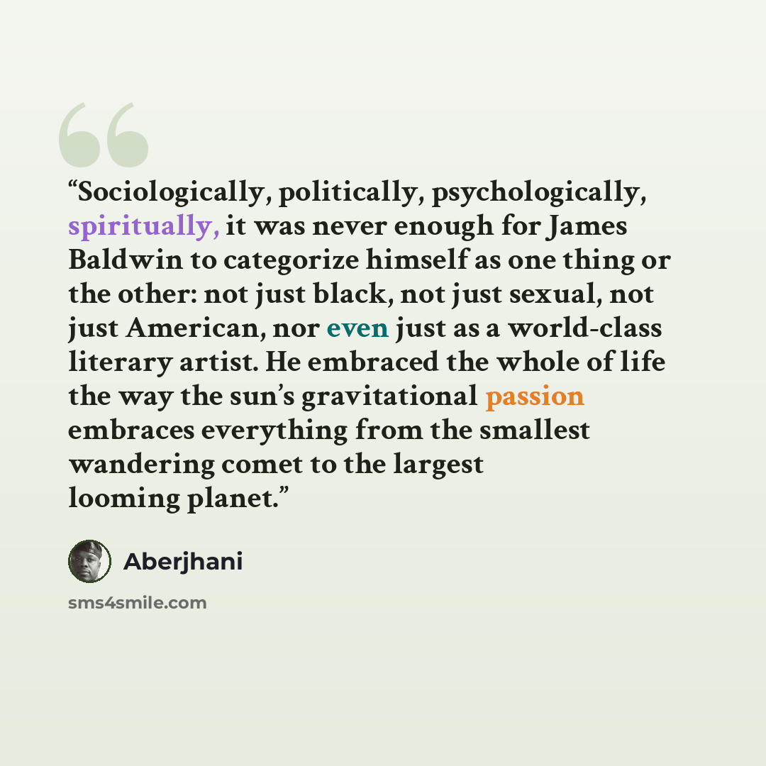 “Sociologically, politically, psychologically, spiritually, it was never enough for James Baldwin to categorize himself as one thing or the other: not just black, not just sexual, not just American, nor even just as a world-class literary artist. He embraced the whole of life the way the sun’s…” quote by Aberjhani