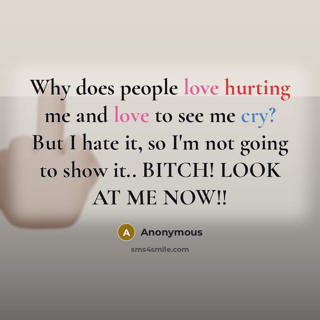 “Why does people love hurting me and love to see me cry? But I hate it, so I'm not going to show it.. BITCH! LOOK AT ME NOW!!” quote by Anonymous