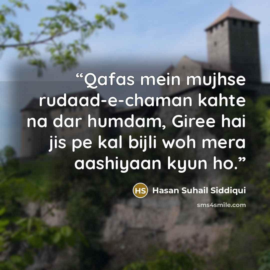 “Qafas mein mujhse rudaad-e-chaman kahte na dar humdam, Giree hai jis pe kal bijli woh mera aashiyaan kyun ho.” quote by Hasan Suhail Siddiqui