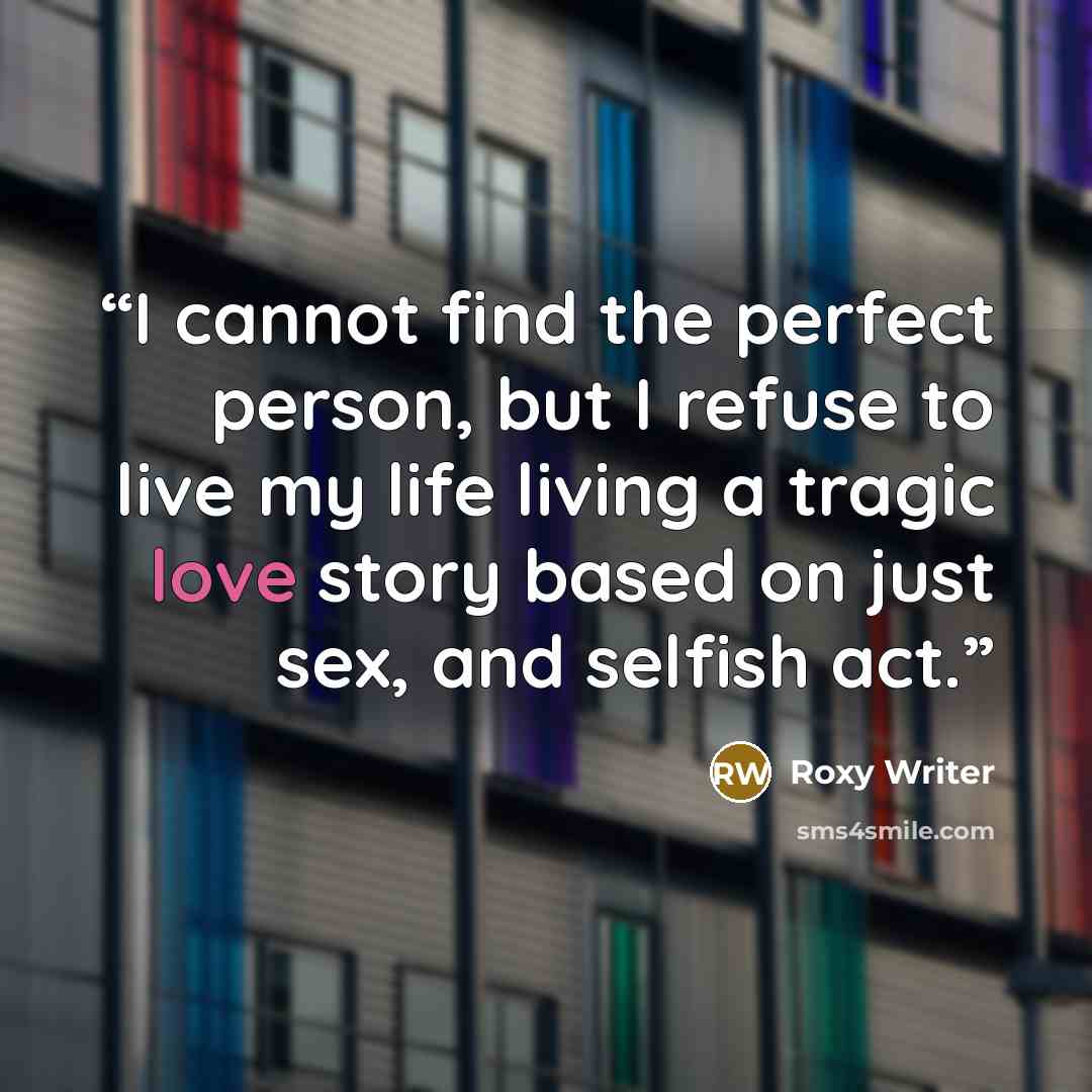 “I cannot find the perfect person, but I refuse to live my life living a tragic love story based on just sex, and selfish act.” quote by Roxy Writer