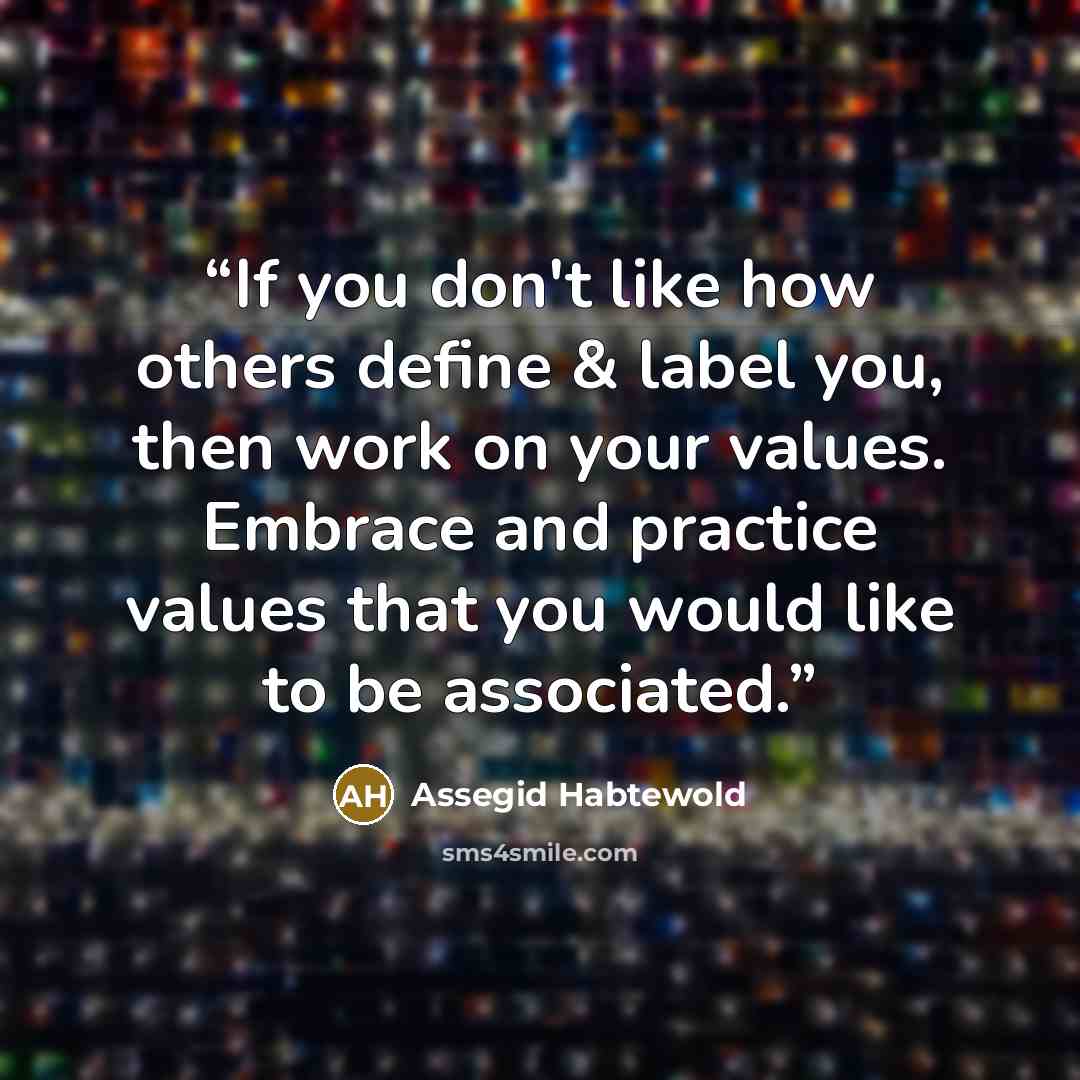 “If you don't like how others define & label you, then work on your values. Embrace and practice values that you would like to be associated.” quote by Assegid Habtewold