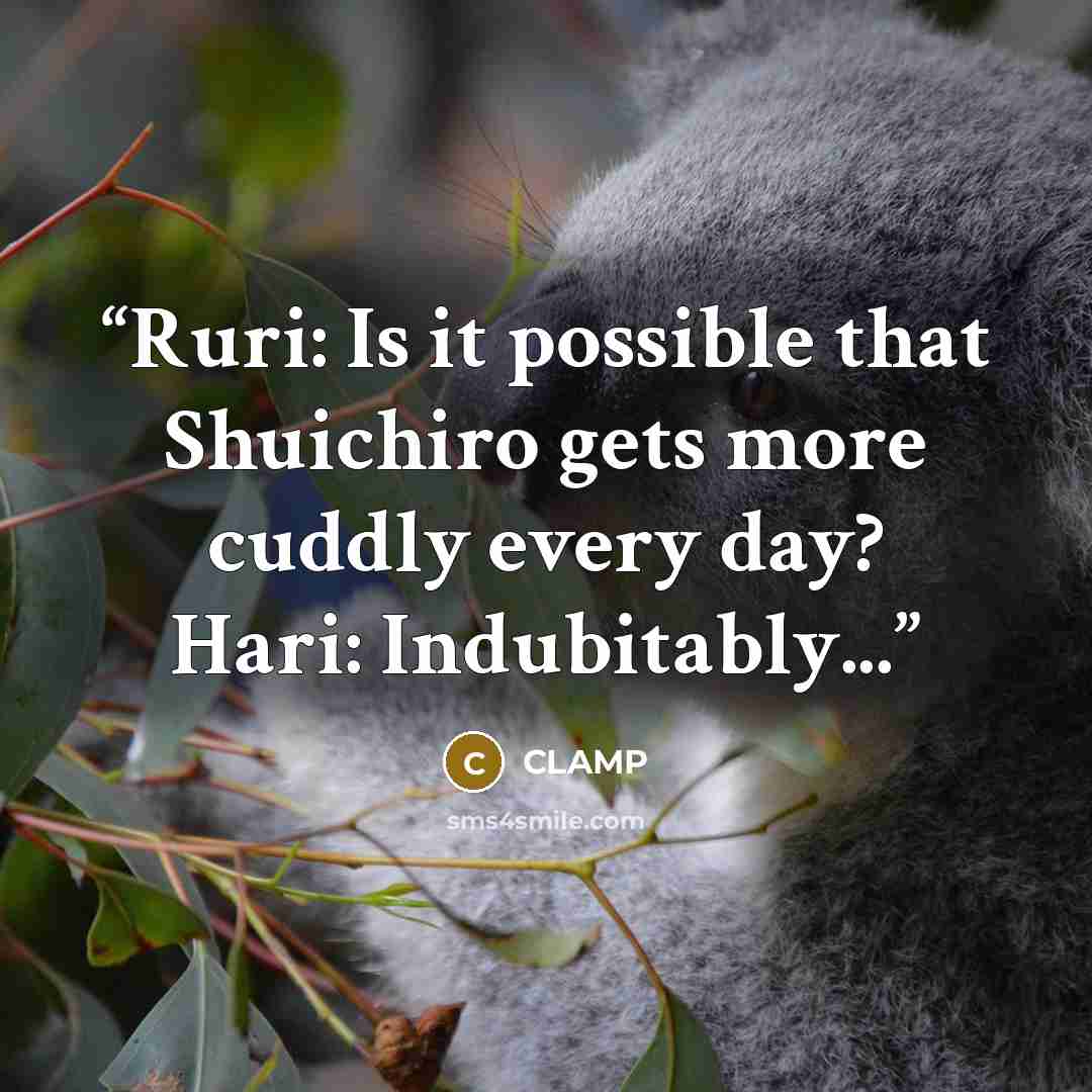 “Ruri: Is it possible that Shuichiro gets more cuddly every day? Hari: Indubitably...” quote by Clamp