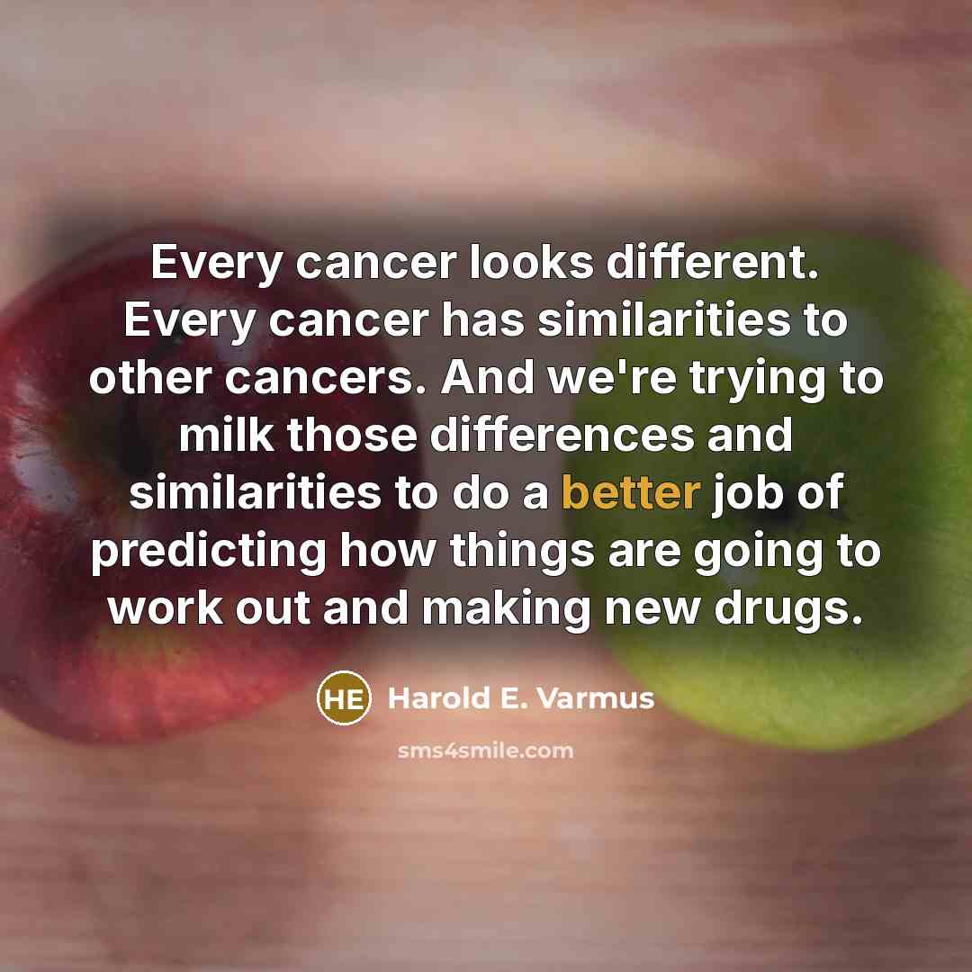 “Every cancer looks different. Every cancer has similarities to other cancers. And we're trying to milk those differences and similarities to do a better job of predicting how things are going to work out and making new drugs.” quote by Harold E. Varmus