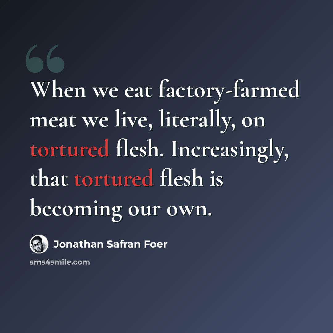 “When we eat factory-farmed meat we live, literally, on tortured flesh. Increasingly, that tortured flesh is becoming our own.” quote by Jonathan Safran Foer