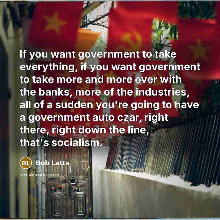 “If you want government to take everything, if you want government to take more and more over with the banks, more of the industries, all of a sudden you're going to have a government auto czar, right there, right down the line, that's socialism.” quote by Bob Latta