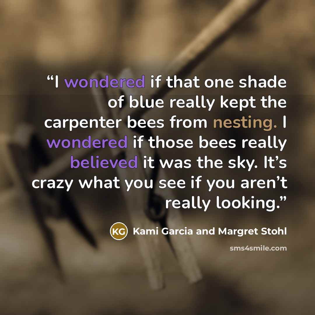 “I wondered if that one shade of blue really kept the carpenter bees from nesting. I wondered if those bees really believed it was the sky. It’s crazy what you see if you aren’t really looking.” quote by Kami Garcia and Margret Stohl