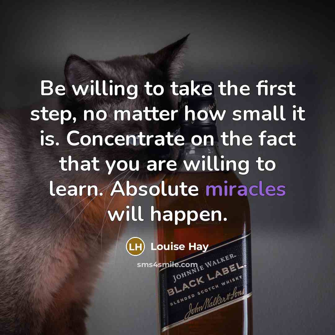 “Be willing to take the first step, no matter how small it is. Concentrate on the fact that you are willing to learn. Absolute miracles will happen.” quote by Louise Hay
