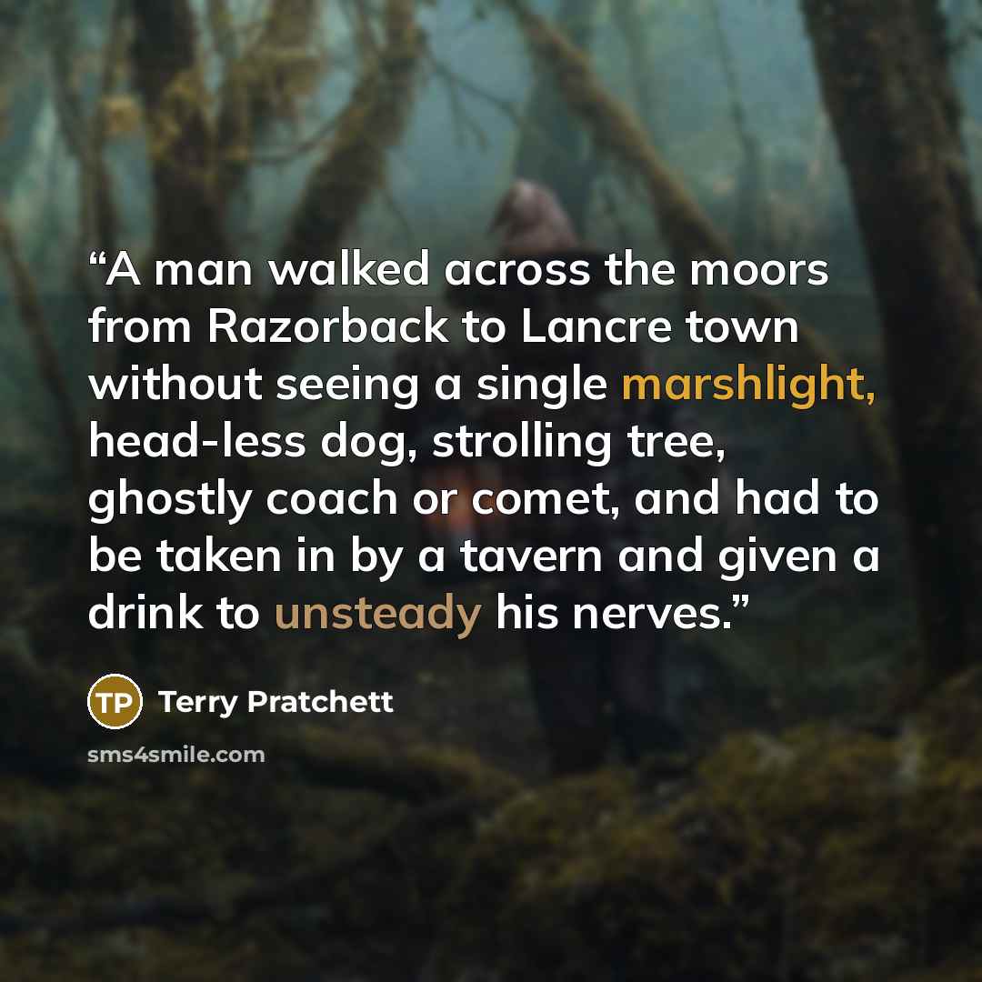 “A man walked across the moors from Razorback to Lancre town without seeing a single marshlight, head-less dog, strolling tree, ghostly coach or comet, and had to be taken in by a tavern and given a drink to unsteady his nerves.” quote by Terry Pratchett