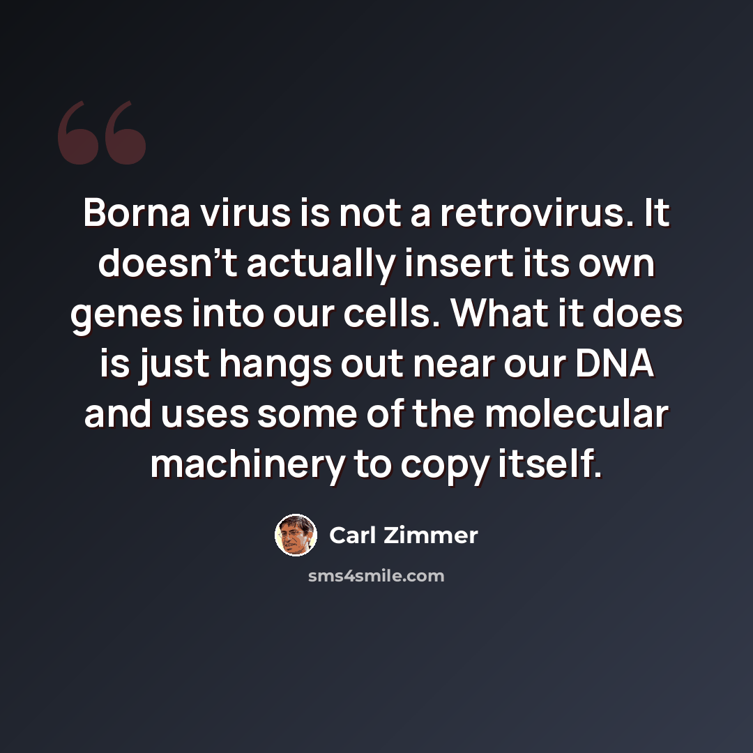 “Borna virus is not a retrovirus. It doesn't actually insert its own genes into our cells. What it does is just hangs out near our DNA and uses some of the molecular machinery to copy itself.” quote by Carl Zimmer