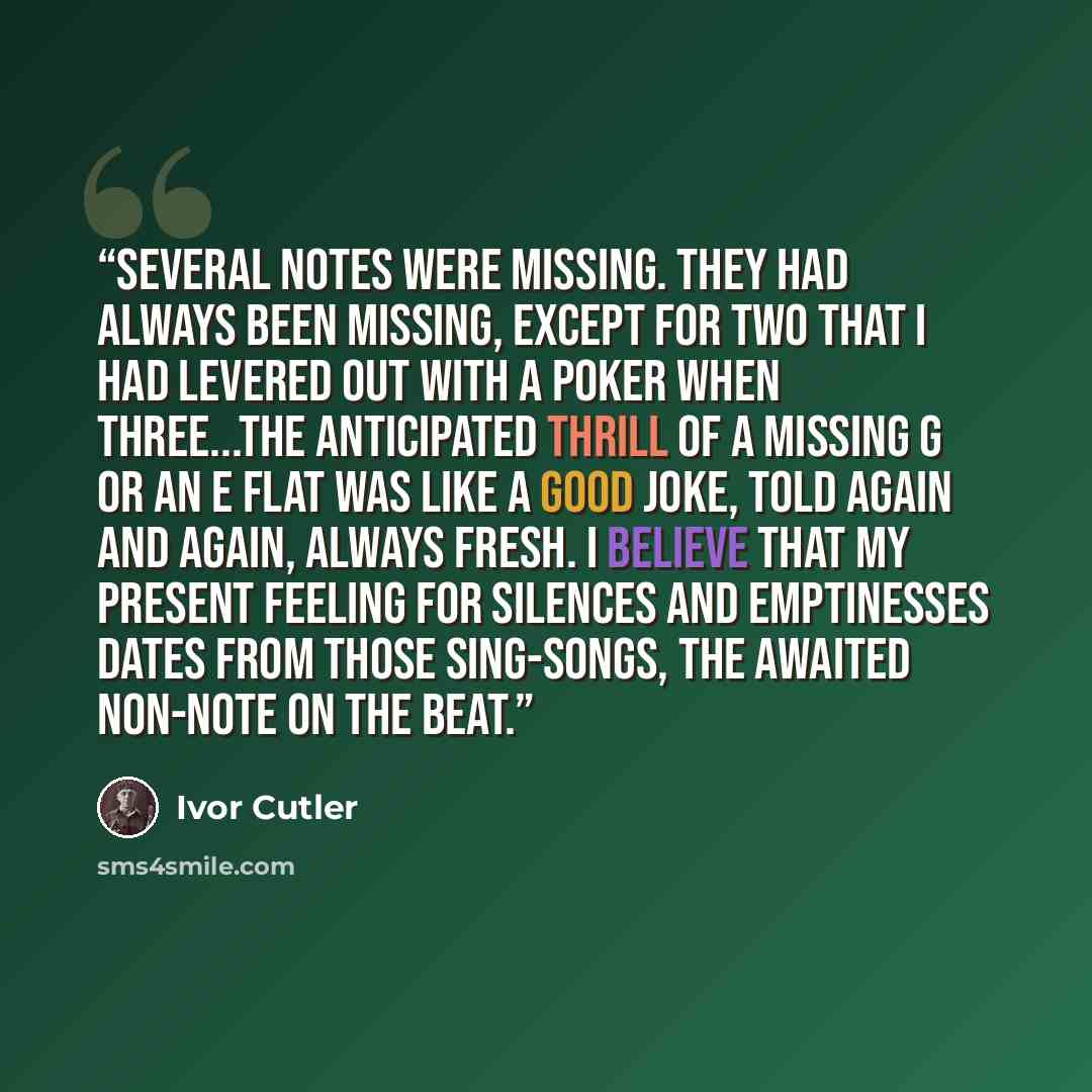 “Several notes were missing. They had always been missing, except for two that I had levered out with a poker when three...The anticipated thrill of a missing G or an E Flat was like a good joke, told again and again, always fresh. I believe that my present feeling for silences and emptinesses…” quote by ivor cutler