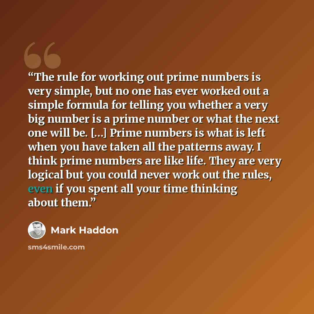 “The rule for working out prime numbers is very simple, but no one has ever worked out a simple formula for telling you whether a very big number is a prime number or what the next one will be. […] Prime numbers is what is left when you have taken all the patterns away. I think prime numbers are…” quote by Mark Haddon