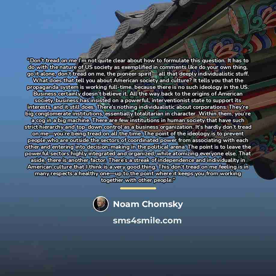 “Don’t tread on me I’m not quite clear about how to formulate this question. It has to do with the nature of US society as exemplified in comments like do your own thing, go it alone, don’t tread on me, the pioneer spirit— all that deeply individualistic stuff. What does that tell you about…” quote by Noam Chomsky