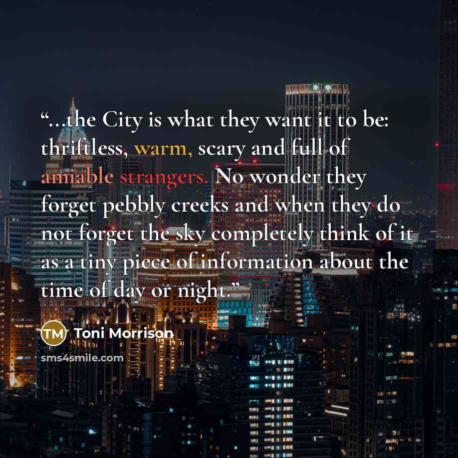 “...the City is what they want it to be: thriftless, warm, scary and full of amiable strangers. No wonder they forget pebbly creeks and when they do not forget the sky completely think of it as a tiny piece of information about the time of day or night.” quote by Toni Morrison