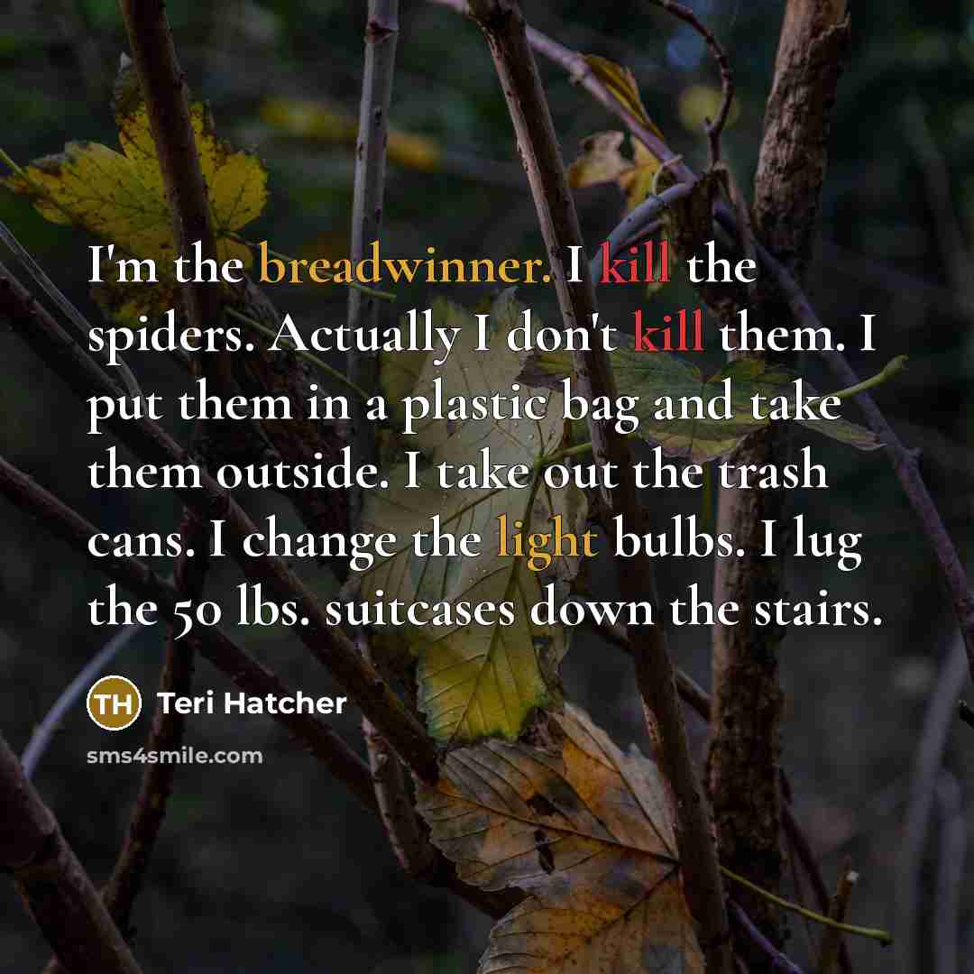 “I'm the breadwinner. I kill the spiders. Actually I don't kill them. I put them in a plastic bag and take them outside. I take out the trash cans. I change the light bulbs. I lug the 50 lbs. suitcases down the stairs.” quote by Teri Hatcher