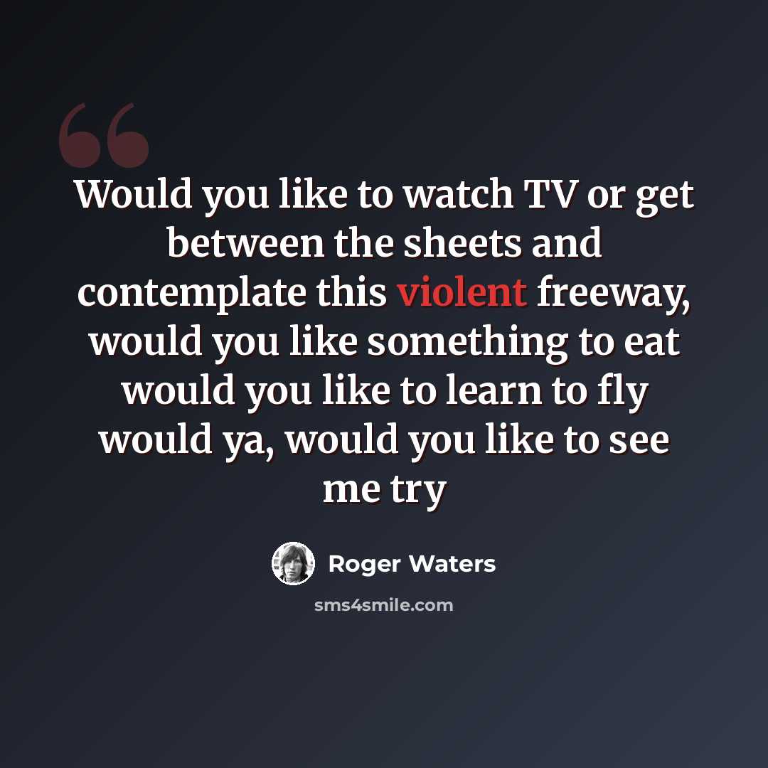 “Would you like to watch TV or get between the sheets and contemplate this violent freeway, would you like something to eat would you like to learn to fly would ya, would you like to see me try” quote by Roger Waters
