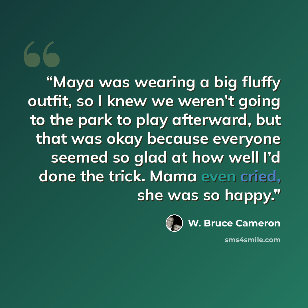 “Maya was wearing a big fluffy outfit, so I knew we weren’t going to the park to play afterward, but that was okay because everyone seemed so glad at how well I’d done the trick. Mama even cried, she was so happy.” quote by W. Bruce Cameron