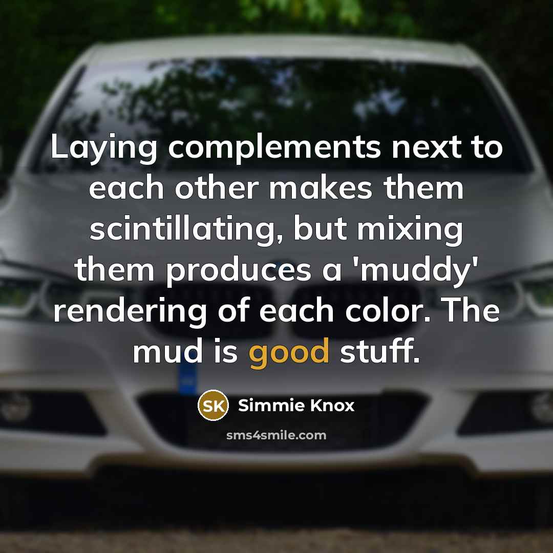 “Laying complements next to each other makes them scintillating, but mixing them produces a 'muddy' rendering of each color. The mud is good stuff.” quote by Simmie Knox