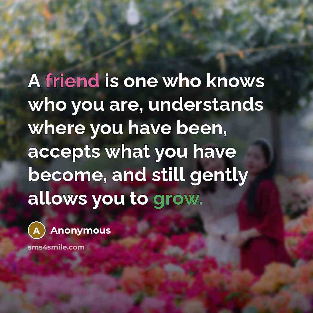“A friend is one who knows who you are, understands where you have been, accepts what you have become, and still gently allows you to grow.” quote by Anonymous