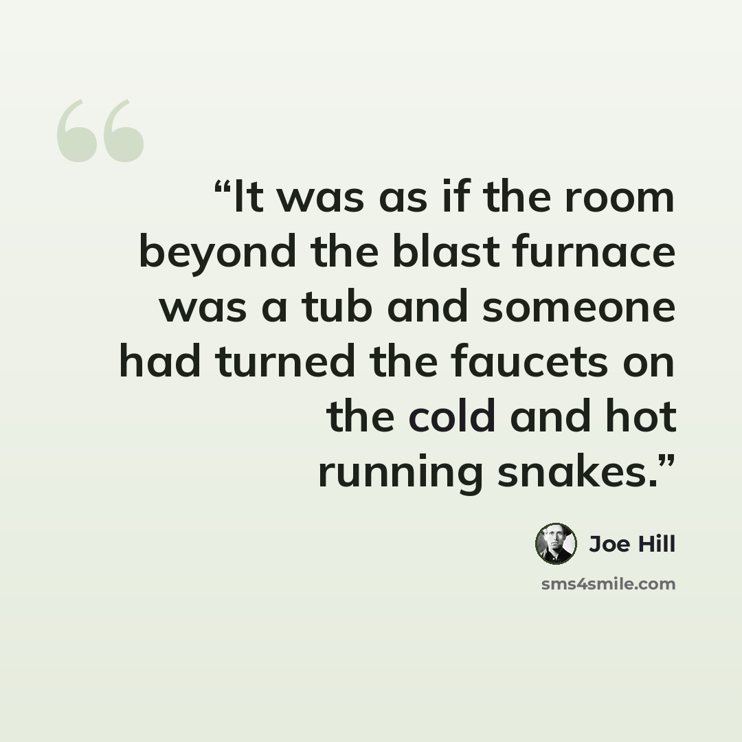 “It was as if the room beyond the blast furnace was a tub and someone had turned the faucets on the cold and hot running snakes.” quote by Joe Hill