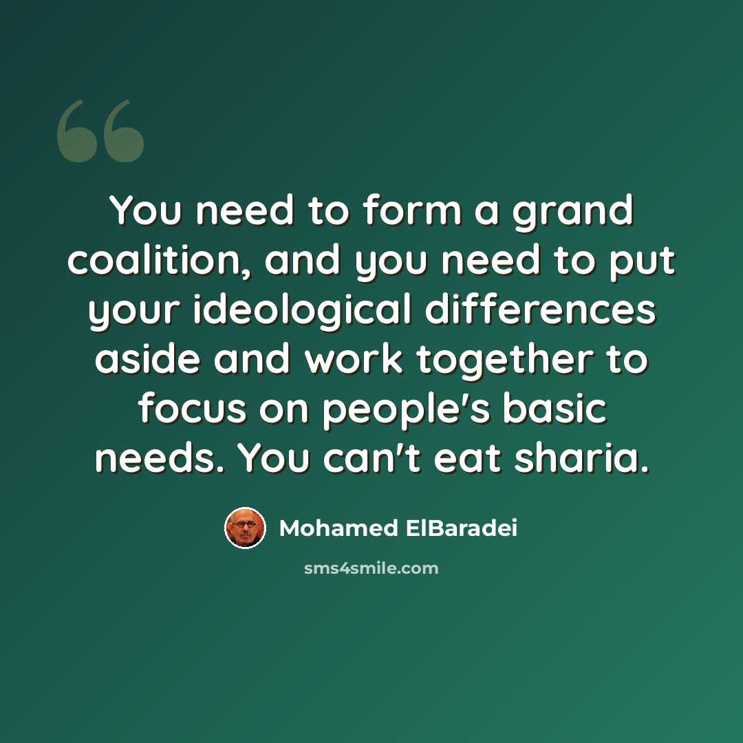 “You need to form a grand coalition, and you need to put your ideological differences aside and work together to focus on people's basic needs. You can't eat sharia.” quote by Mohamed ElBaradei