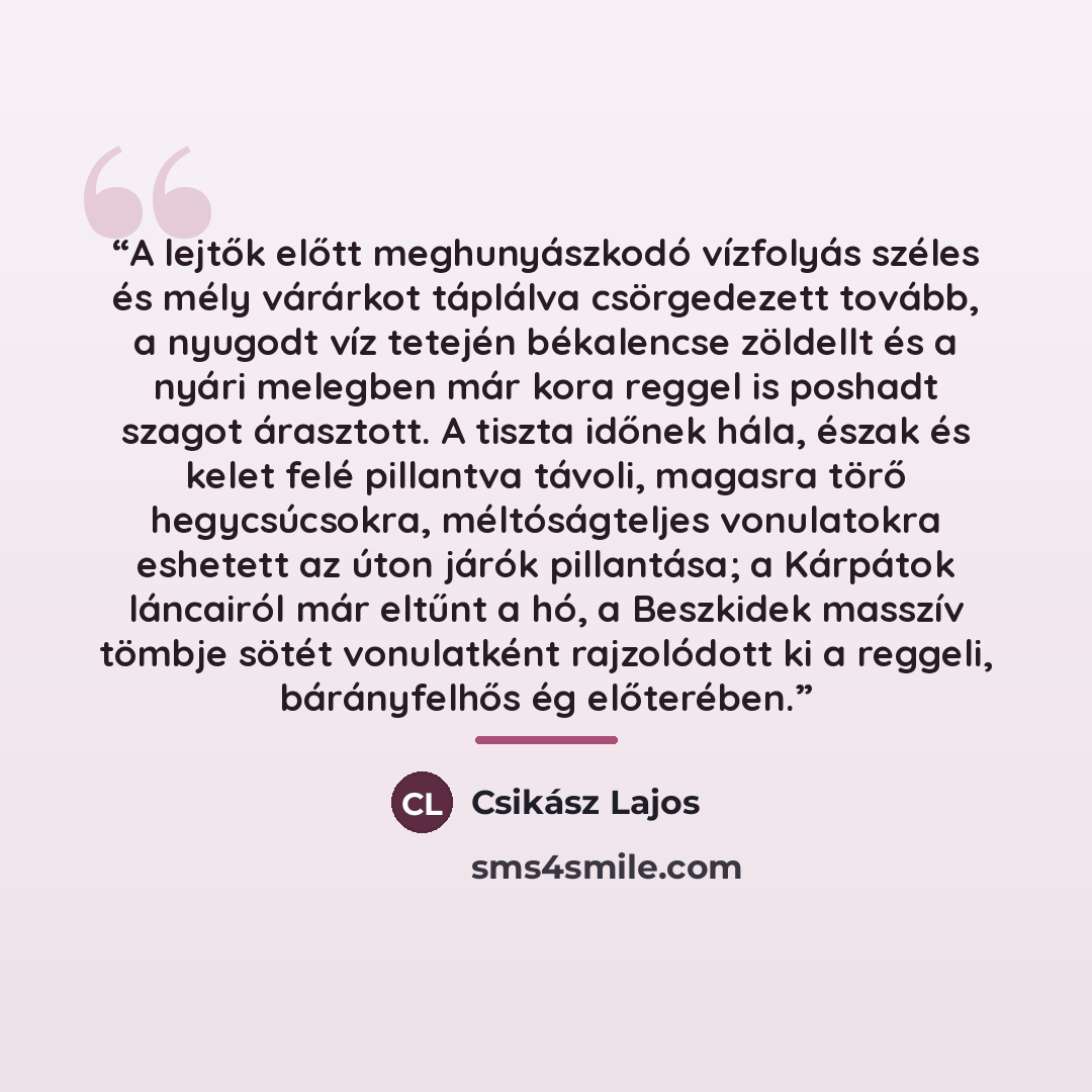 “A lejtők előtt meghunyászkodó vízfolyás széles és mély várárkot táplálva csörgedezett tovább, a nyugodt víz tetején békalencse zöldellt és a nyári melegben már kora reggel is poshadt szagot árasztott. A tiszta időnek hála, észak és kelet felé pillantva távoli, magasra törő hegycsúcsokra…” quote by Csikász Lajos