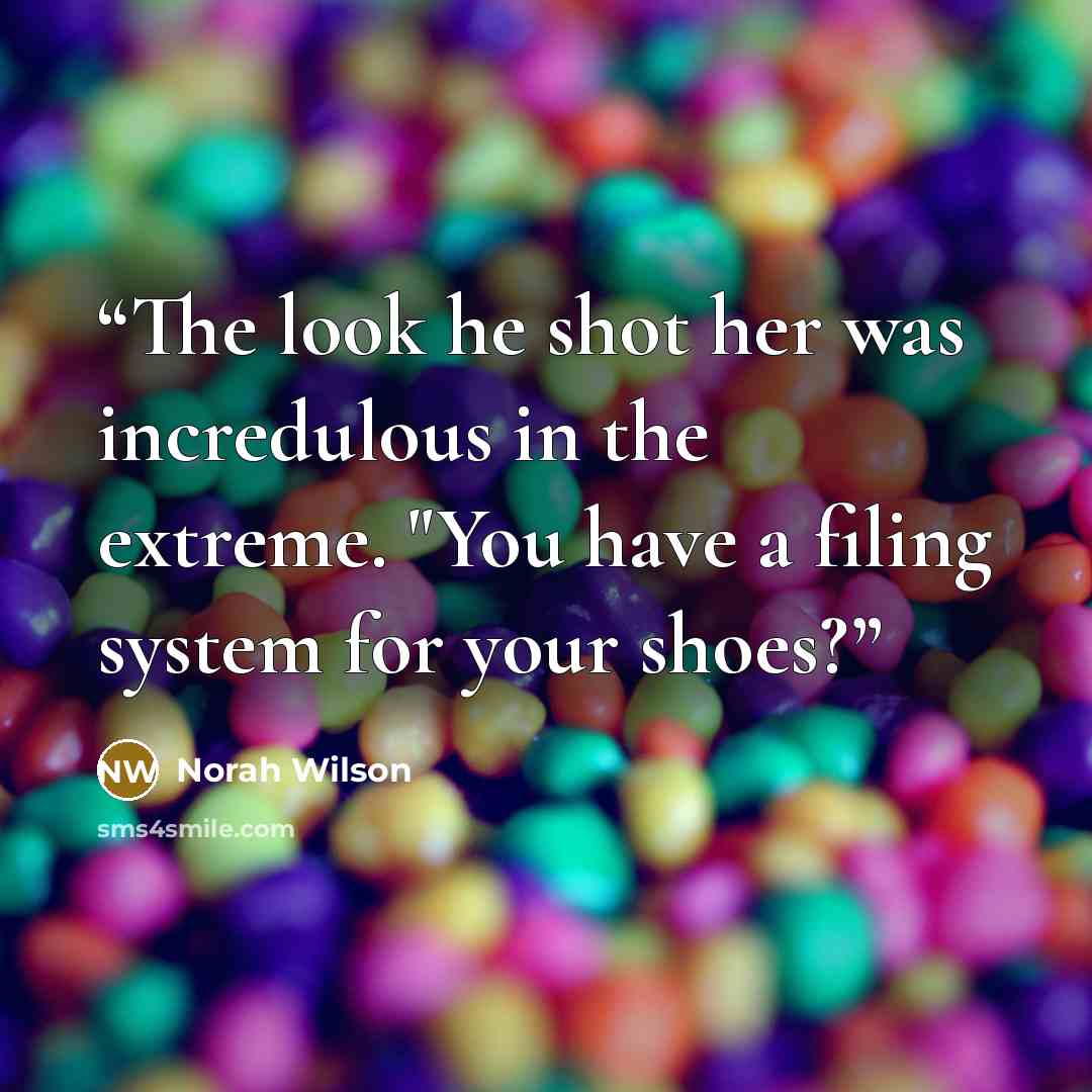 “The look he shot her was incredulous in the extreme. "You have a filing system for your shoes?” quote by Norah Wilson