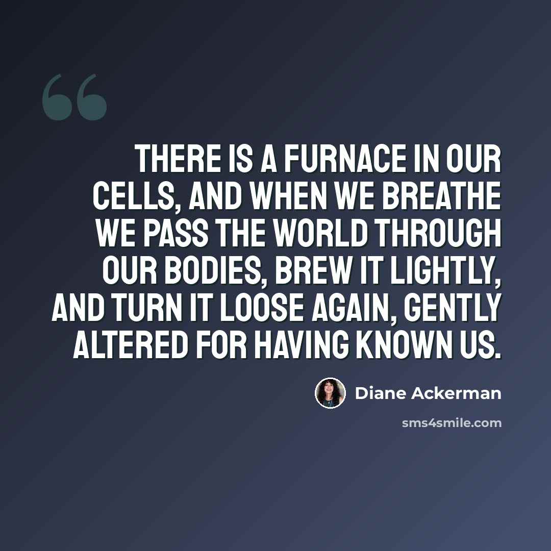 “There is a furnace in our cells, and when we breathe we pass the world through our bodies, brew it lightly, and turn it loose again, gently altered for having known us.” quote by Diane Ackerman