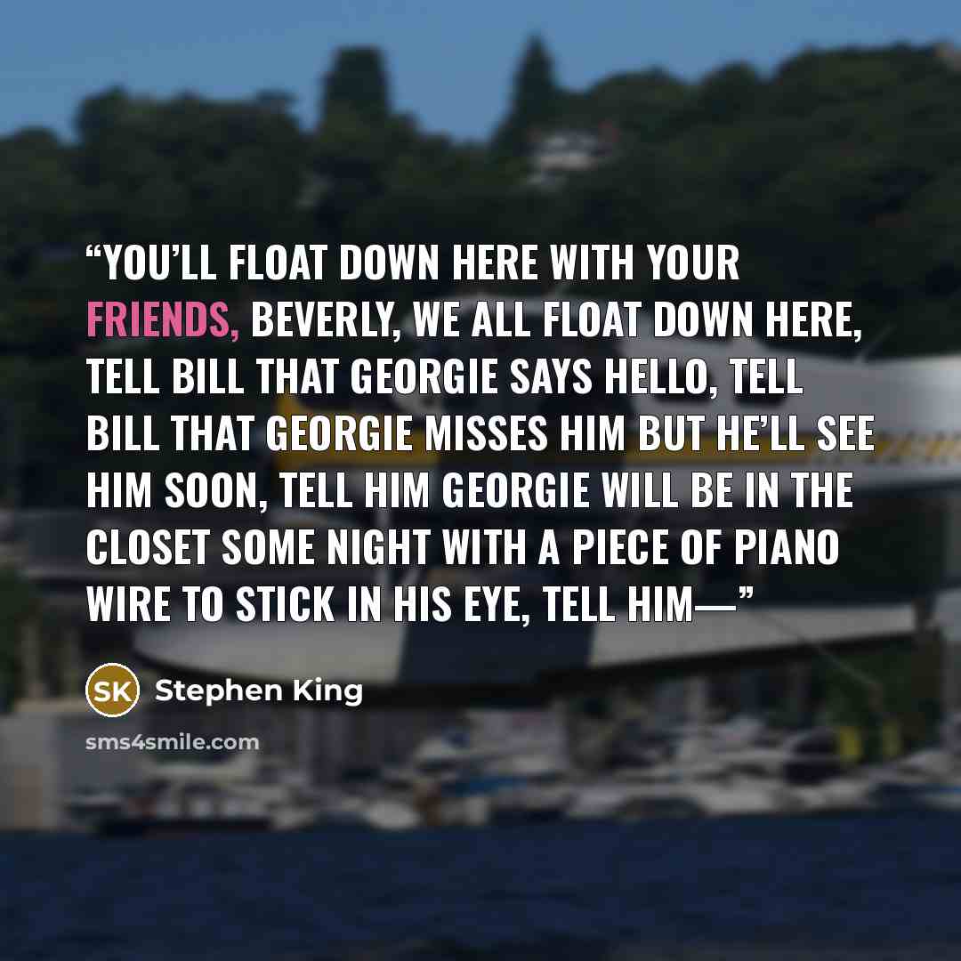 “You’ll float down here with your friends, Beverly, we all float down here, tell Bill that Georgie says hello, tell Bill that Georgie misses him but he’ll see him soon, tell him Georgie will be in the closet some night with a piece of piano wire to stick in his eye, tell him—” quote by Stephen King