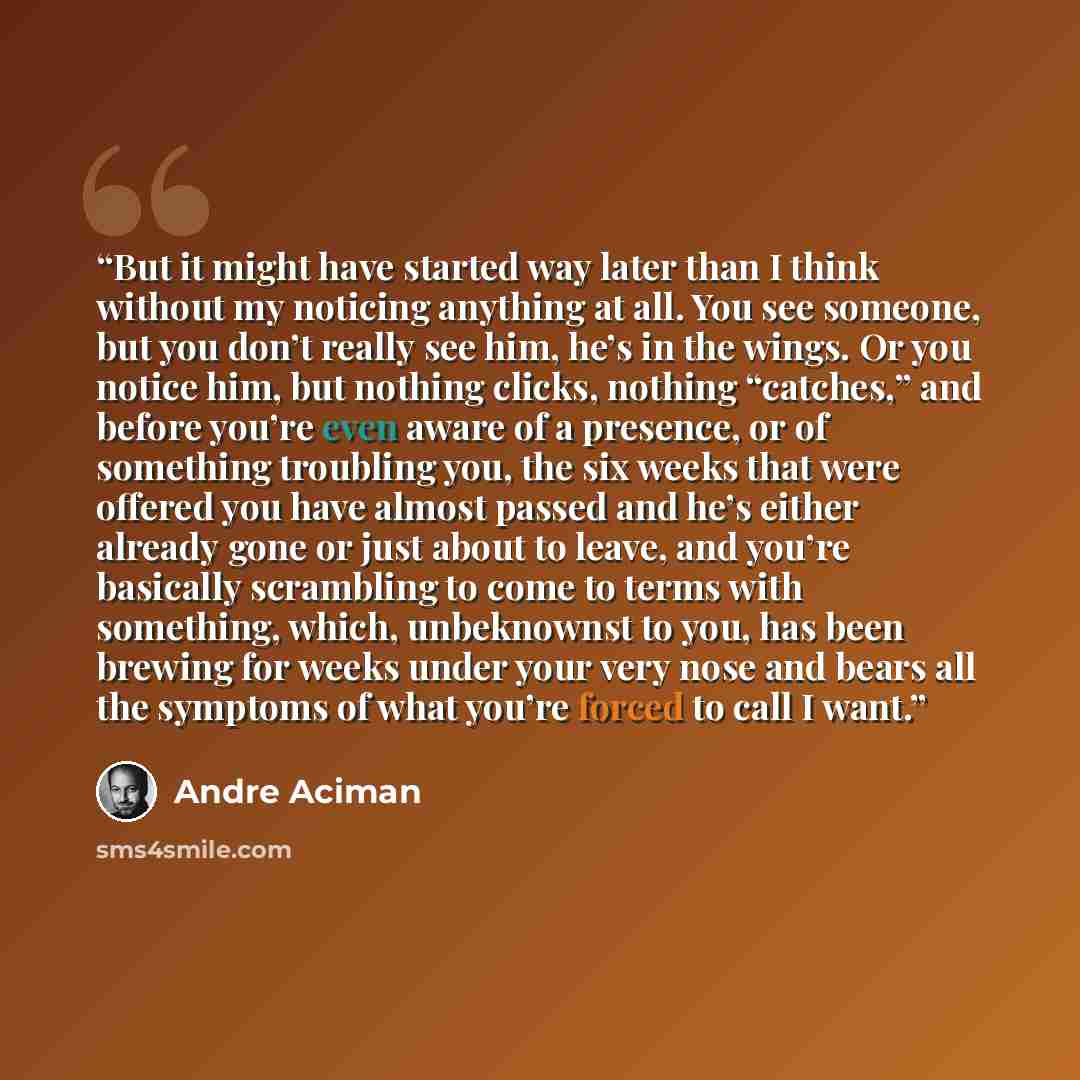 “But it might have started way later than I think without my noticing anything at all. You see someone, but you don’t really see him, he’s in the wings. Or you notice him, but nothing clicks, nothing “catches,” and before you’re even aware of a presence, or of something troubling you, the six weeks…” quote by André Aciman