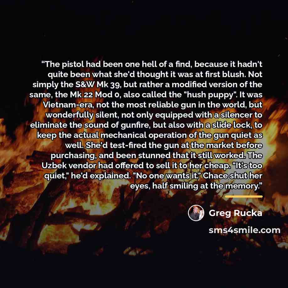 “The pistol had been one hell of a find, because it hadn't quite been what she'd thought it was at first blush. Not simply the S&W Mk 39, but rather a modified version of the same, the Mk 22 Mod 0, also called the "hush puppy". It was Vietnam-era, not the most reliable gun in the world, but…” quote by Greg Rucka