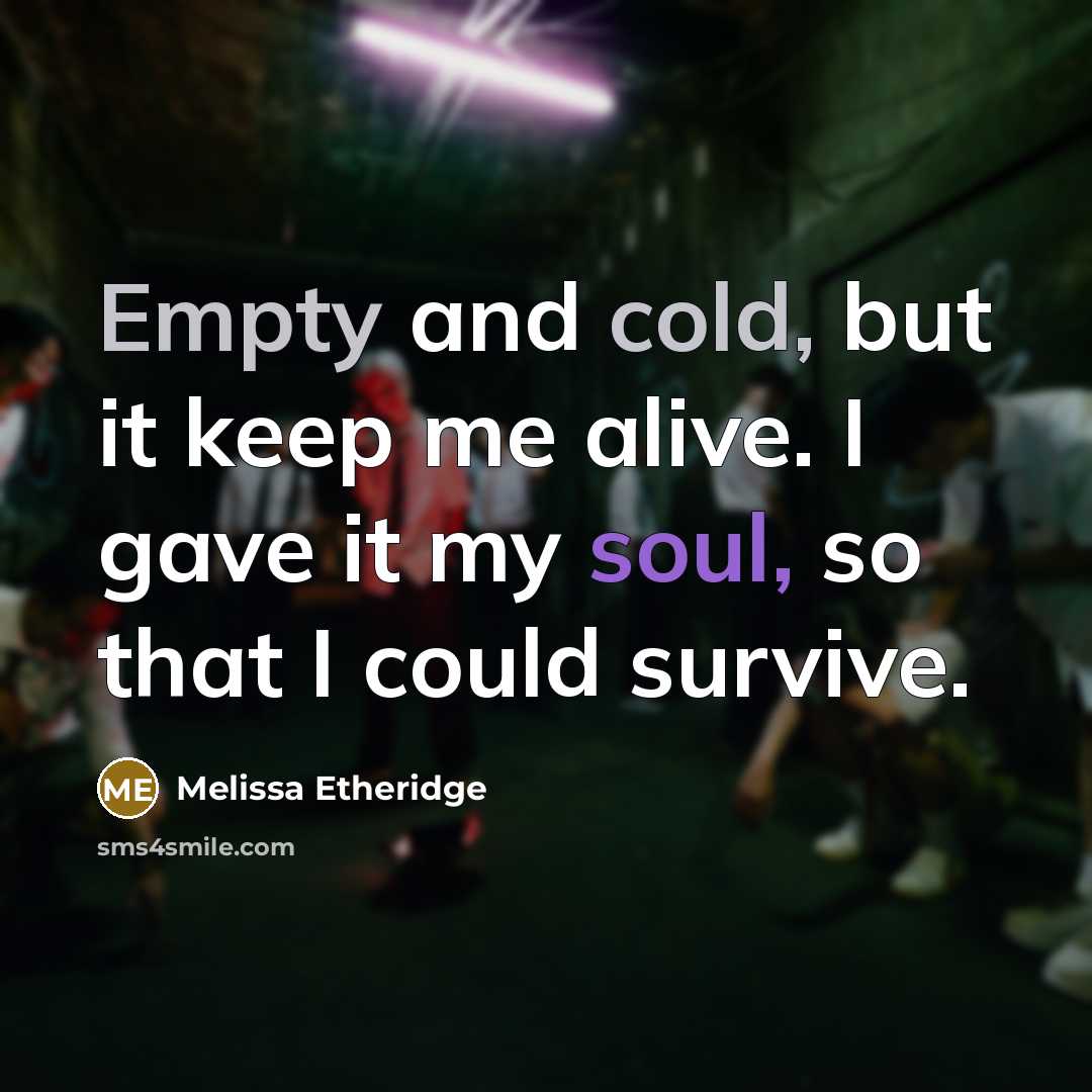 “Empty and cold, but it keep me alive. I gave it my soul, so that I could survive.” quote by Melissa Etheridge