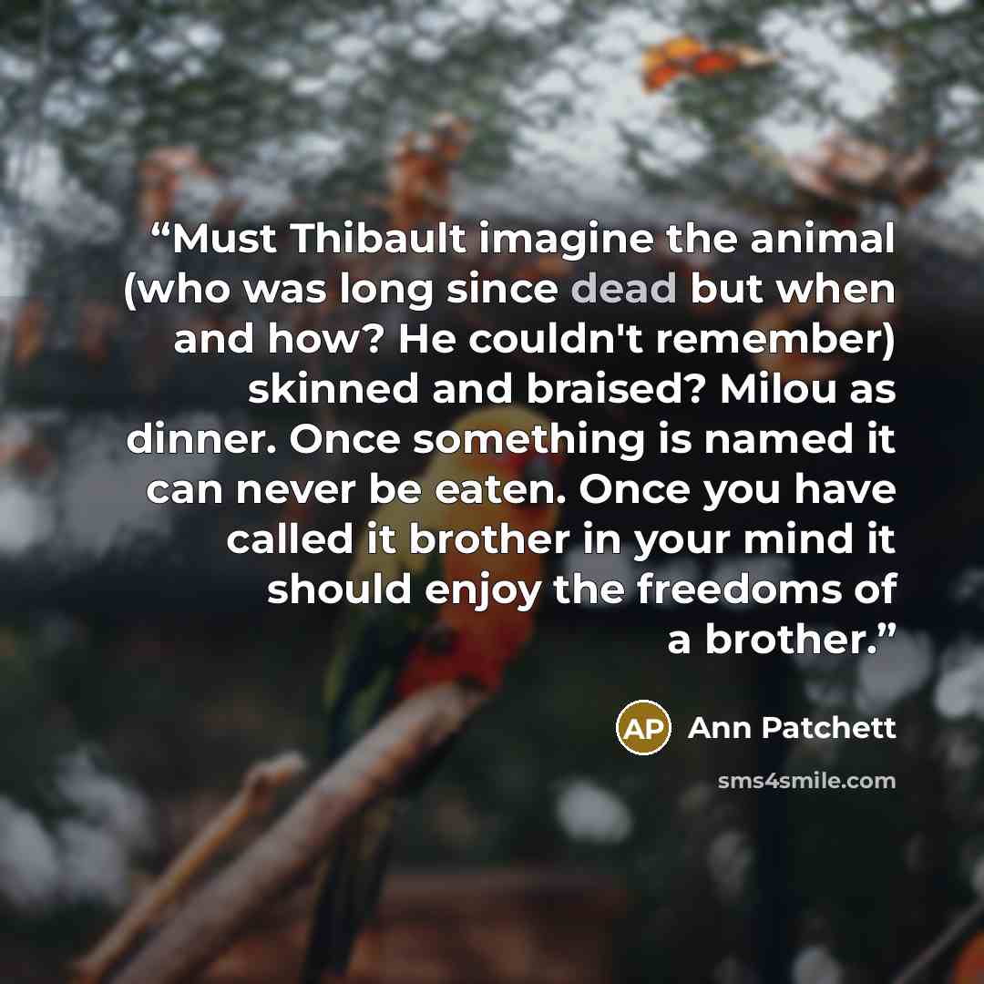 “Must Thibault imagine the animal (who was long since dead but when and how? He couldn't remember) skinned and braised? Milou as dinner. Once something is named it can never be eaten. Once you have called it brother in your mind it should enjoy the freedoms of a brother.” quote by Ann Patchett