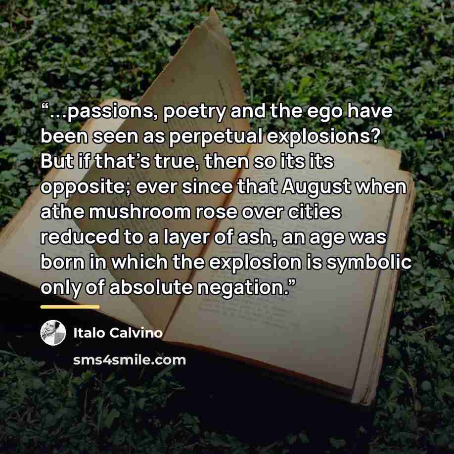 “...passions, poetry and the ego have been seen as perpetual explosions? But if that's true, then so its its opposite; ever since that August when athe mushroom rose over cities reduced to a layer of ash, an age was born in which the explosion is symbolic only of absolute negation.” quote by Italo Calvino