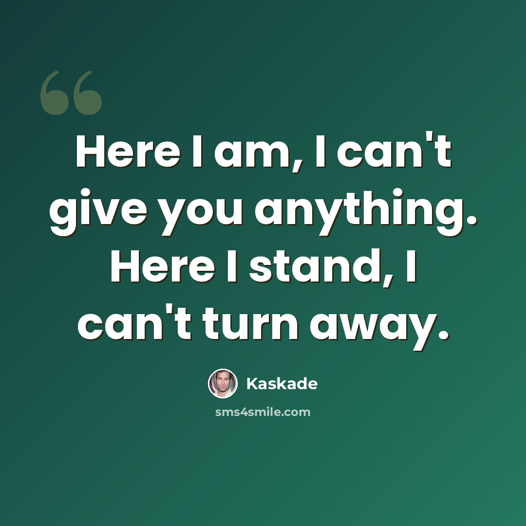“Here I am, I can't give you anything. Here I stand, I can't turn away.” quote by Kaskade
