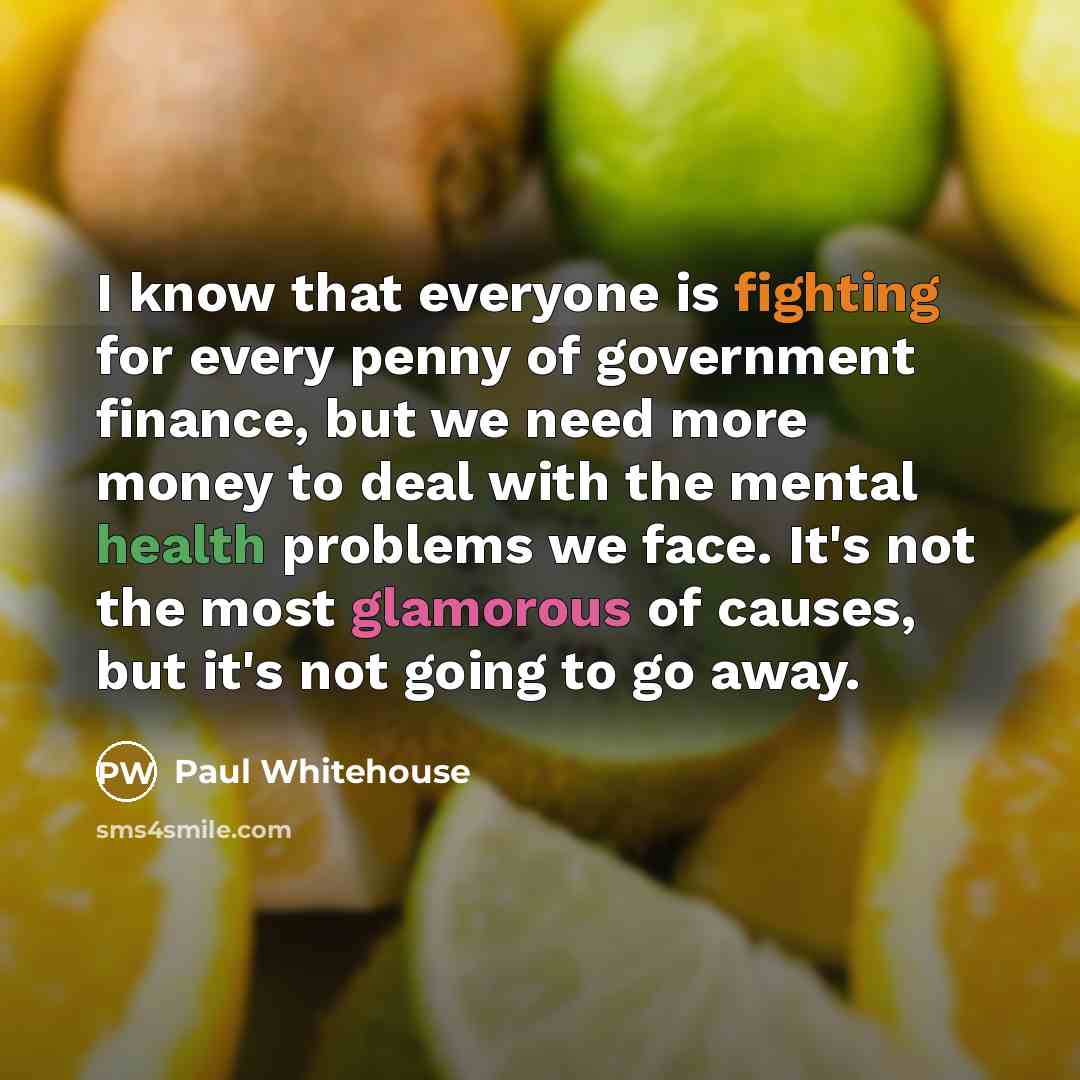 “I know that everyone is fighting for every penny of government finance, but we need more money to deal with the mental health problems we face. It's not the most glamorous of causes, but it's not going to go away.” quote by Paul Whitehouse