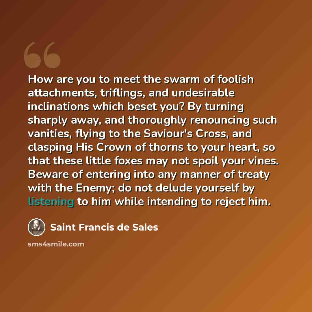 “How are you to meet the swarm of foolish attachments, triflings, and undesirable inclinations which beset you? By turning sharply away, and thoroughly renouncing such vanities, flying to the Saviour's Cross, and clasping His Crown of thorns to your heart, so that these little foxes may not spoil…” quote by Saint Francis de Sales