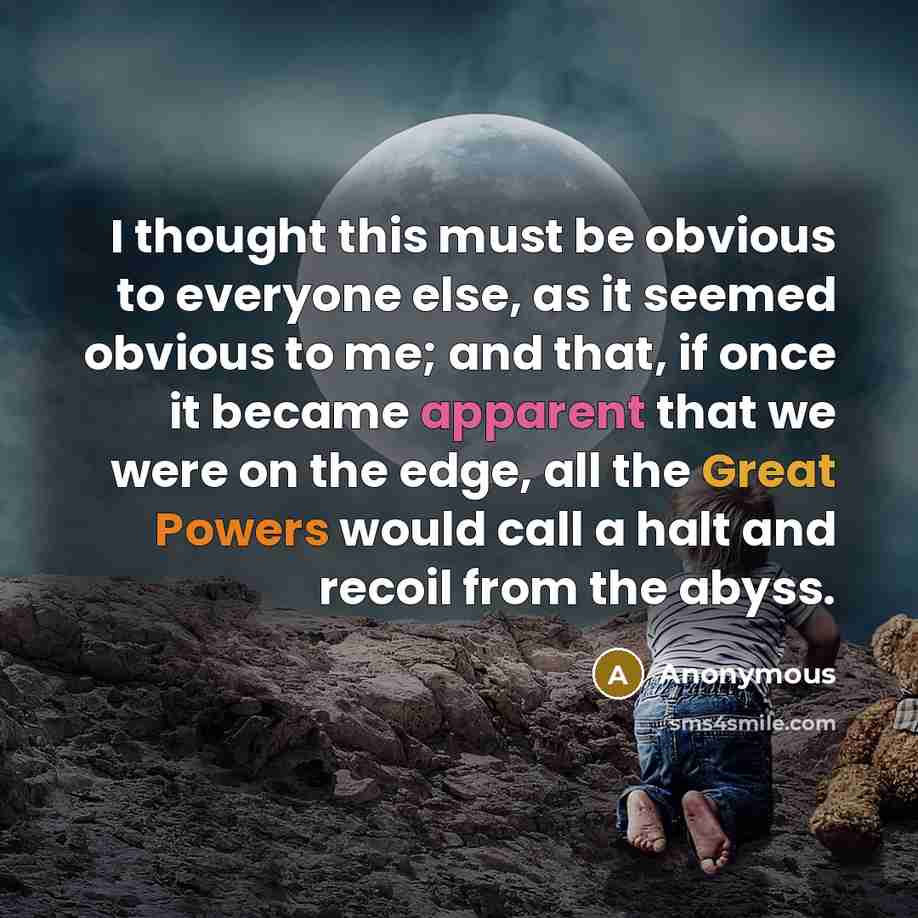 “I thought this must be obvious to everyone else, as it seemed obvious to me; and that, if once it became apparent that we were on the edge, all the Great Powers would call a halt and recoil from the abyss.” quote by Anonymous