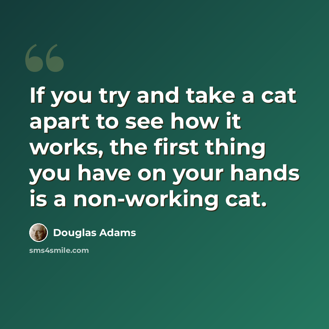 “If you try and take a cat apart to see how it works, the first thing you have on your hands is a non-working cat.” quote by Douglas Adams