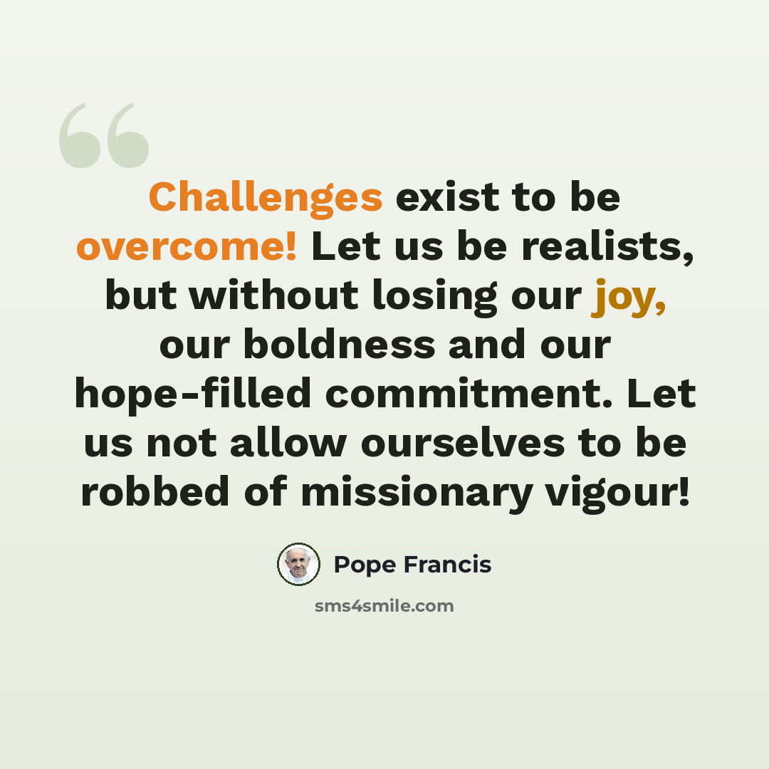 “Challenges exist to be overcome! Let us be realists, but without losing our joy, our boldness and our hope-filled commitment. Let us not allow ourselves to be robbed of missionary vigour!” quote by Pope Francis