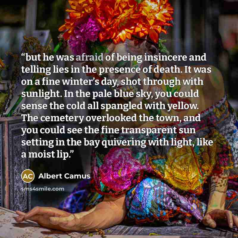 “but he was afraid of being insincere and telling lies in the presence of death. It was on a fine winter’s day, shot through with sunlight. In the pale blue sky, you could sense the cold all spangled with yellow. The cemetery overlooked the town, and you could see the fine transparent sun setting…” quote by Albert Camus