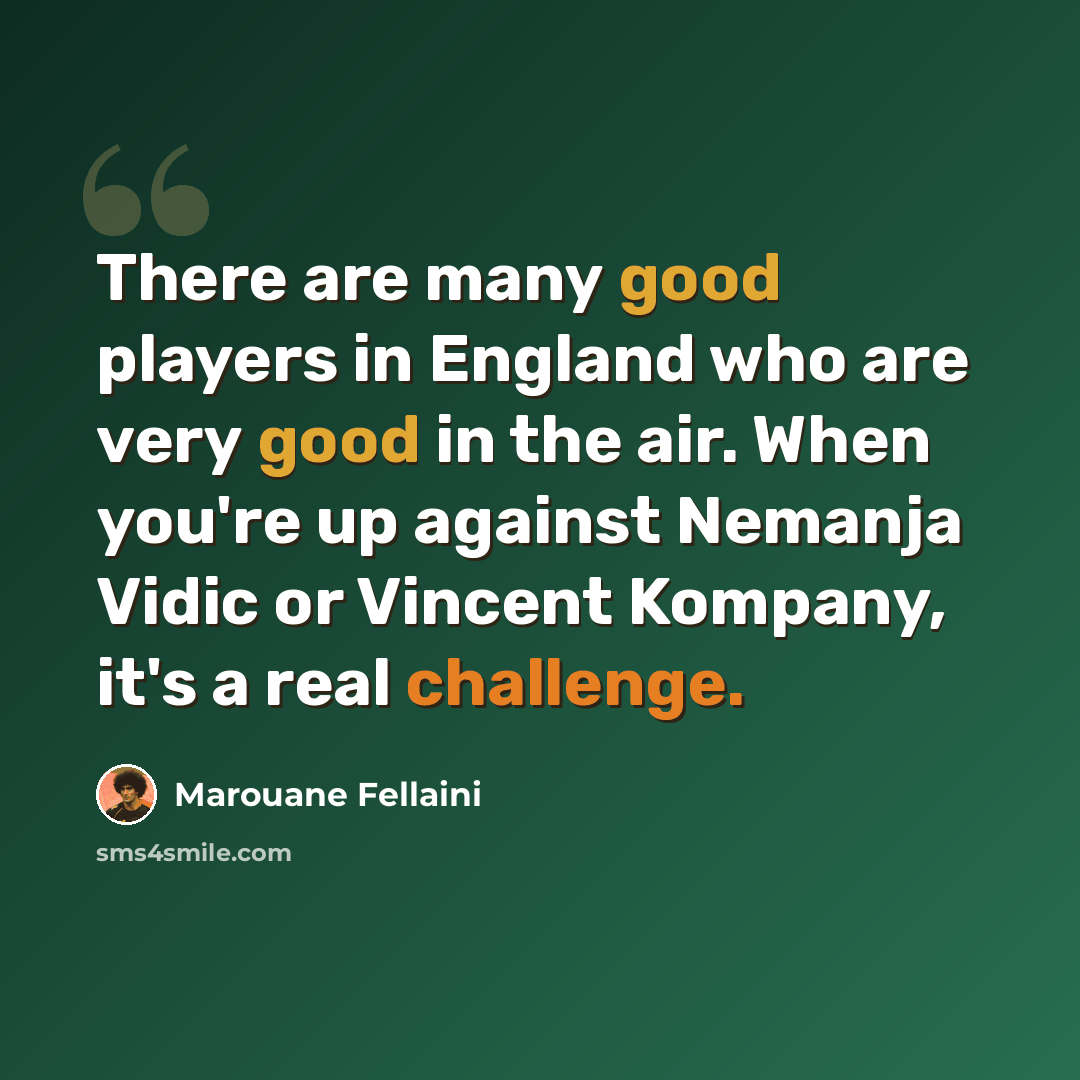 “There are many good players in England who are very good in the air. When you're up against Nemanja Vidic or Vincent Kompany, it's a real challenge.” quote by Marouane Fellaini