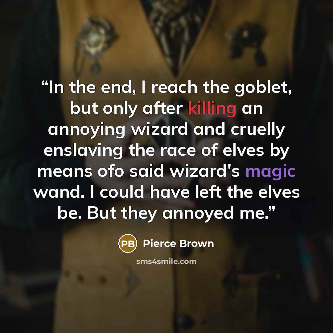 “In the end, I reach the goblet, but only after killing an annoying wizard and cruelly enslaving the race of elves by means ofo said wizard's magic wand. I could have left the elves be. But they annoyed me.” quote by Pierce Brown